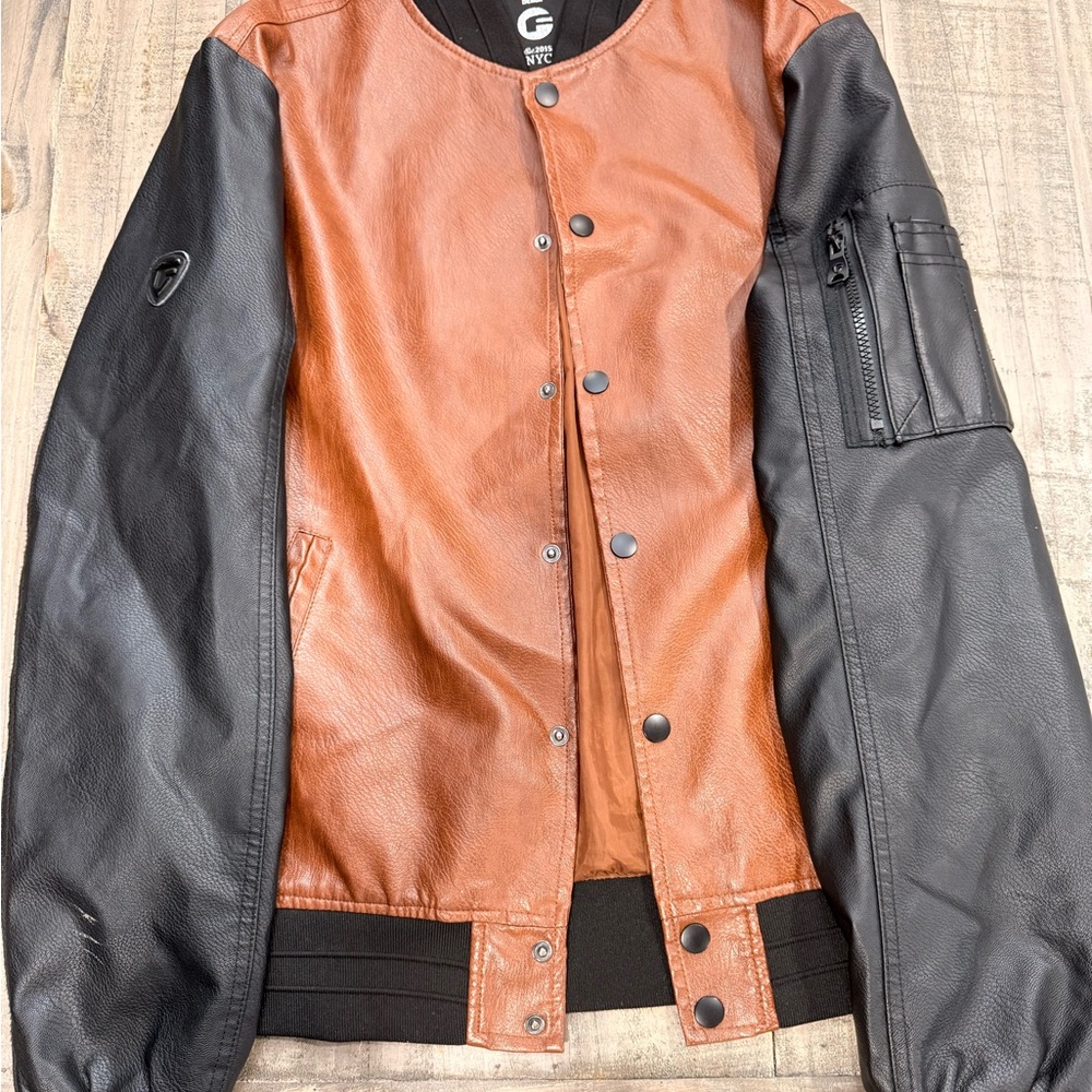Men's Black and Brown Leather Varsity Jacket